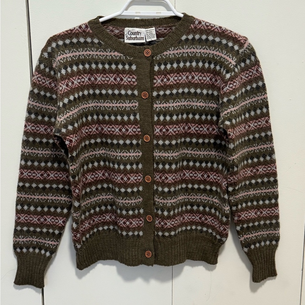 English Fair Isle Cardigan Vintage Green and Brown Cardigan fits like a Small-M